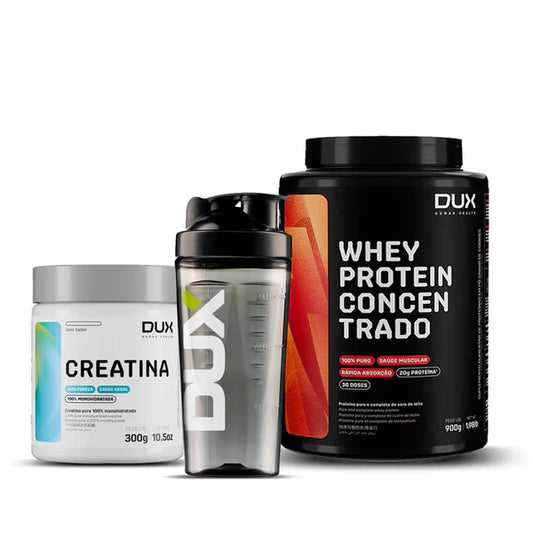 Combo Whey Protein Concentrado Chocolate Branco 900g Dux Nutrition + Creatina 300g + (Coqueteleira de Brinde)