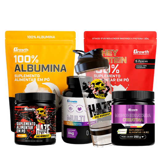 KIT COMPLETO DE SUPLEMENTOS - GROWTH (Albumina 1KG - Whey Protein 1KG - PrƩ-Workout 300G - Multi Vitaminas 120caps - Creatina 250G - Coqueteleira 1L)